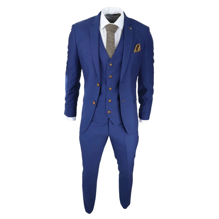 Mens Royal Blue 3 Piece Suit Brown Trim Classic Birdseye Vintage Wedding Grooms