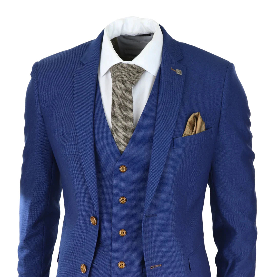 Mens Royal Blue 3 Piece Suit Brown Trim Classic Birdseye Vintage Wedding Grooms