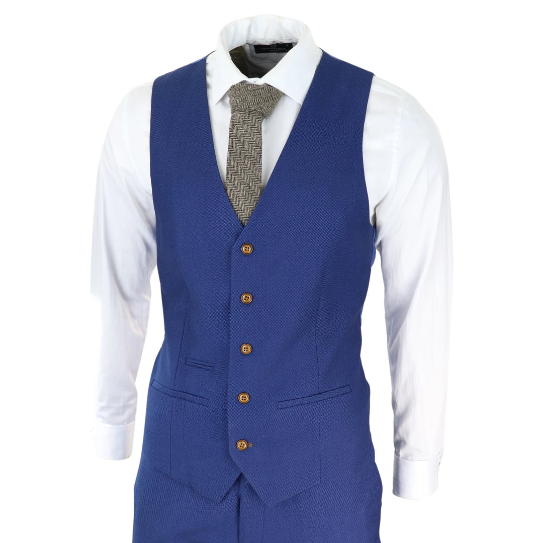 Mens Royal Blue 3 Piece Suit Brown Trim Classic Birdseye Vintage Wedding Grooms