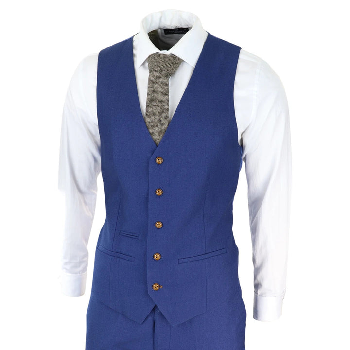 Mens Royal Blue 3 Piece Suit Brown Trim Classic Birdseye Vintage Wedding Grooms