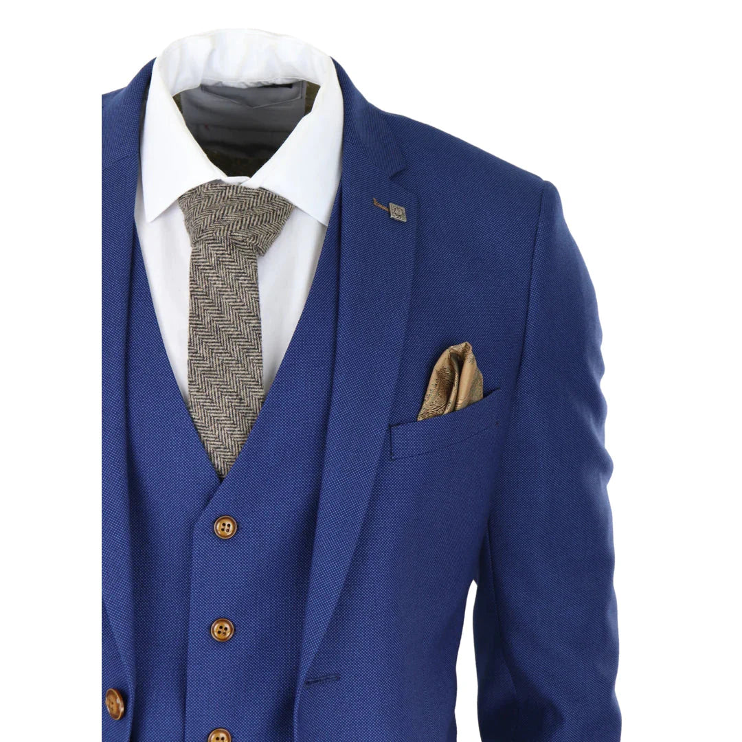 Mens Royal Blue 3 Piece Suit Brown Trim Classic Birdseye Vintage Wedding Grooms