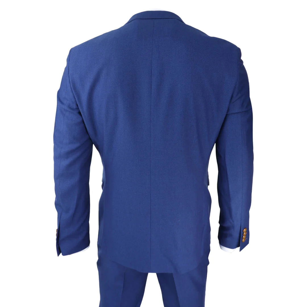 Mens Royal Blue 3 Piece Suit Brown Trim Classic Birdseye Vintage Wedding Grooms