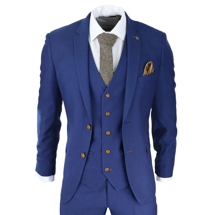 Mens Royal Blue 3 Piece Suit Brown Trim Classic Birdseye Vintage Wedding Grooms
