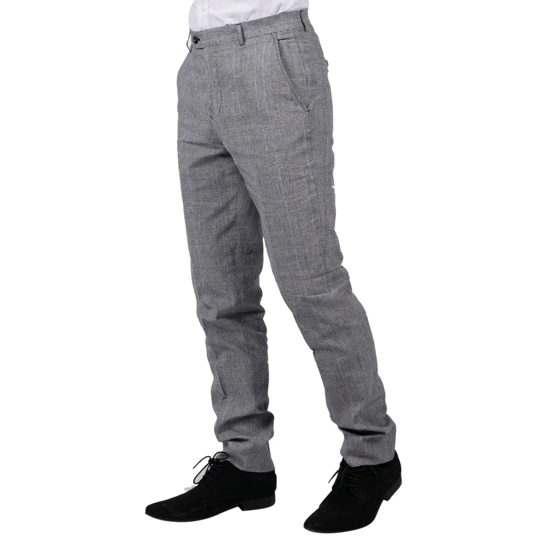 Mens Summer Trousers Grey Check Blue Black Tailored Fit Classic Wedding Formal