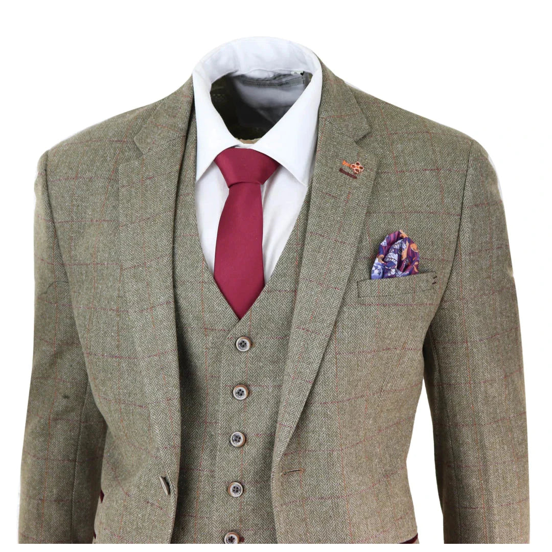 Cavani - Sage Green 3 Piece Tweed Suit