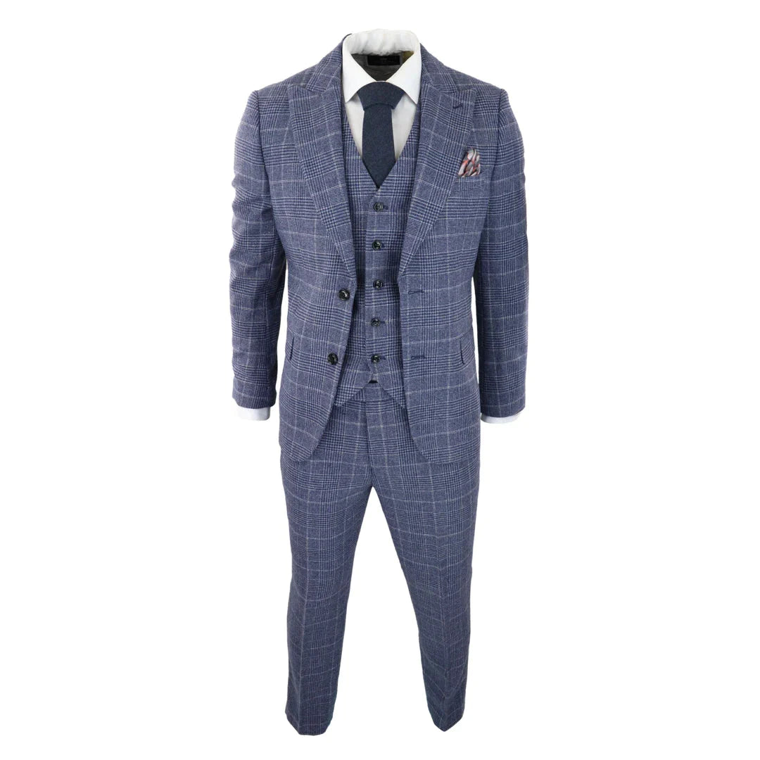 Mens Tweed Wool Check Suit 3 Piece Vintage Classic Blue Grey Tailored Fit
