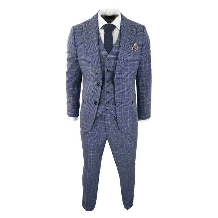 Mens Tweed Wool Check Suit 3 Piece Vintage Classic Blue Grey Tailored Fit