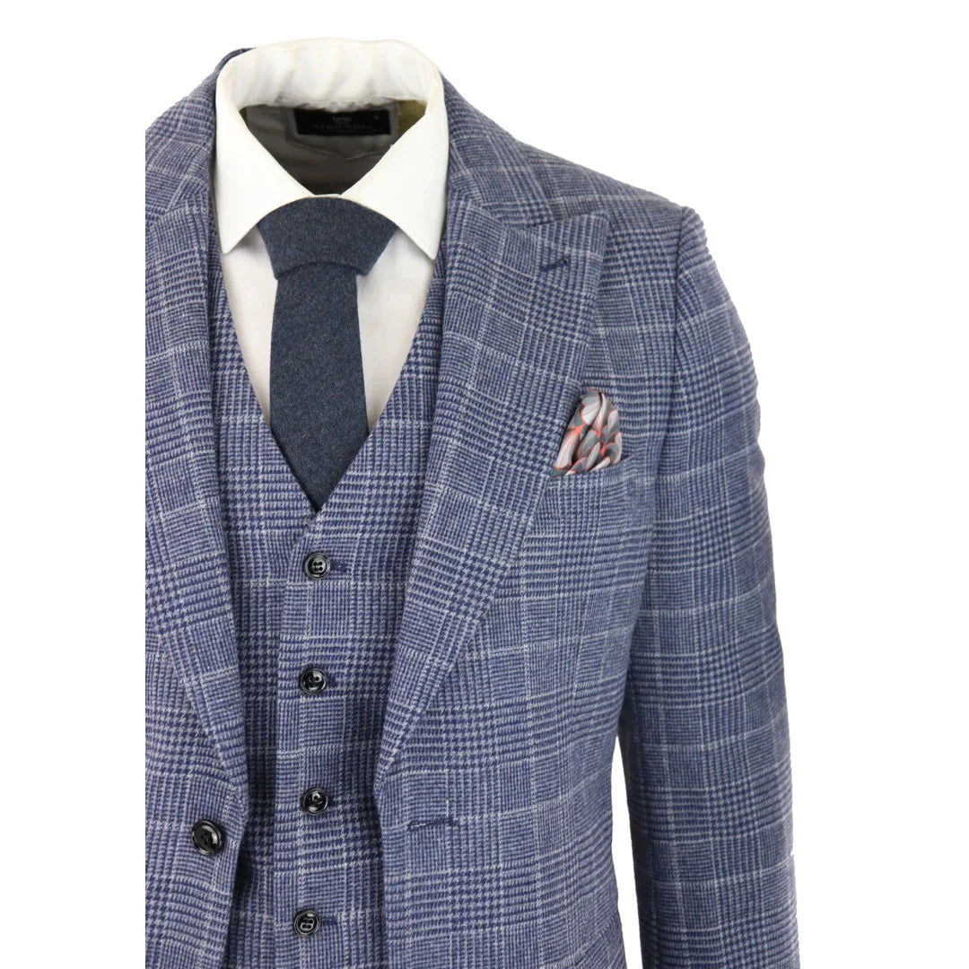 Mens Tweed Wool Check Suit 3 Piece Vintage Classic Blue Grey Tailored Fit