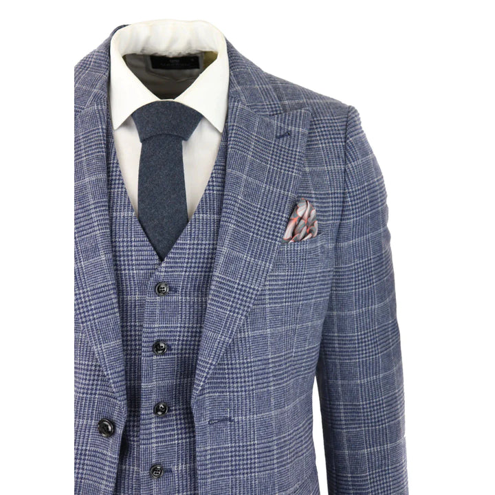 Mens Tweed Wool Check Suit 3 Piece Vintage Classic Blue Grey Tailored Fit