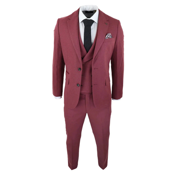 Mens Wool 3 Piece Burgundy Red Suit Double Breasted Wedding Party Vintage 1920s