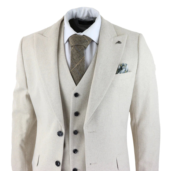 Mens Wool 3 Piece Cream Beige Suit Slim Fit Classic Wedding Party Vintage 1920s
