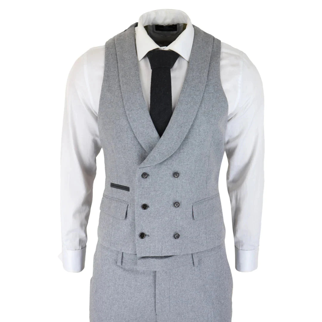Mens Wool 3 Piece Grey Suit Double Breasted Waistcoat Wedding Party Vintage 1920s