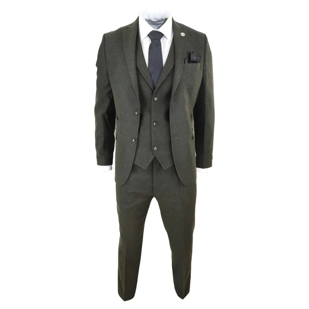 Tru Clothing - 3 Piece Olive Green Wool Tweed Suit