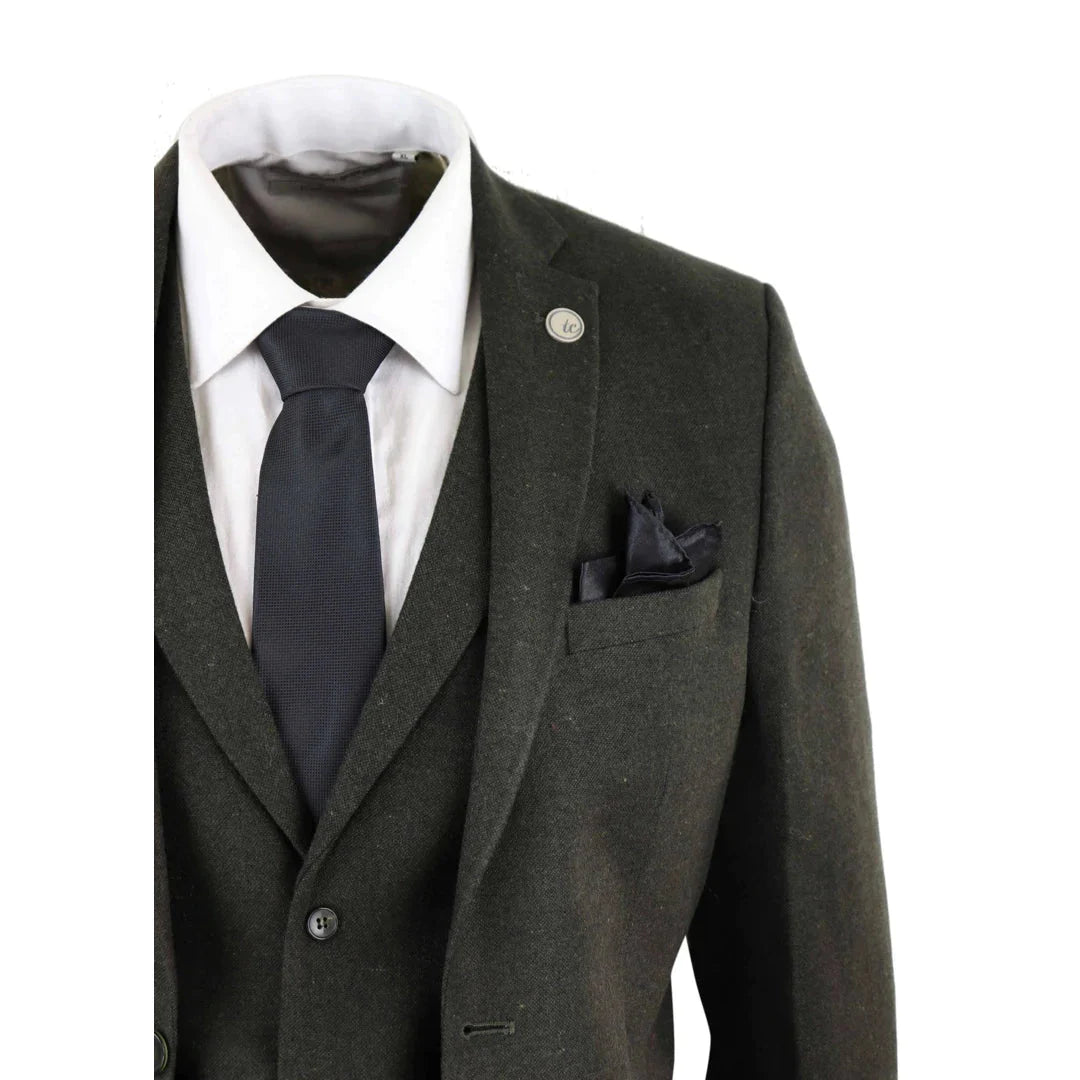 Tru Clothing - 3 Piece Olive Green Wool Tweed Suit