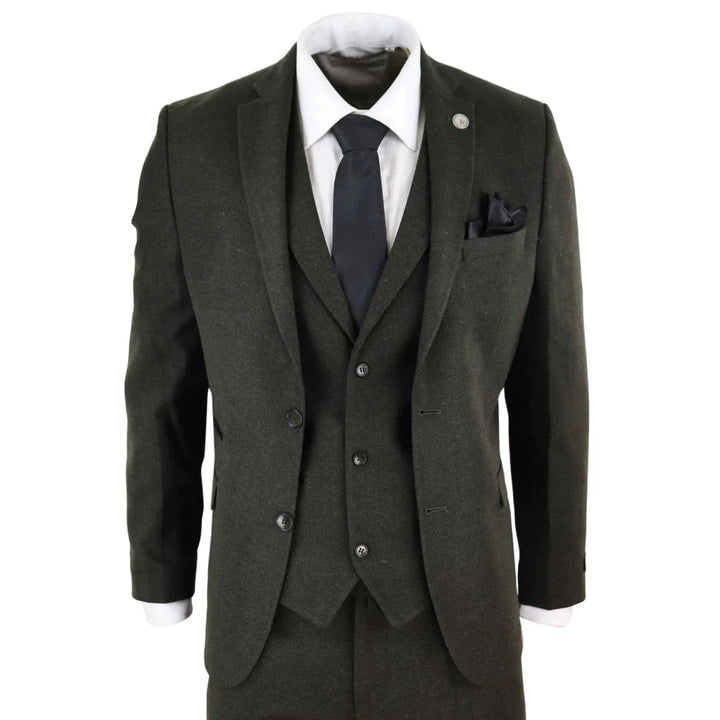 Tru Clothing - 3 Piece Olive Green Wool Tweed Suit