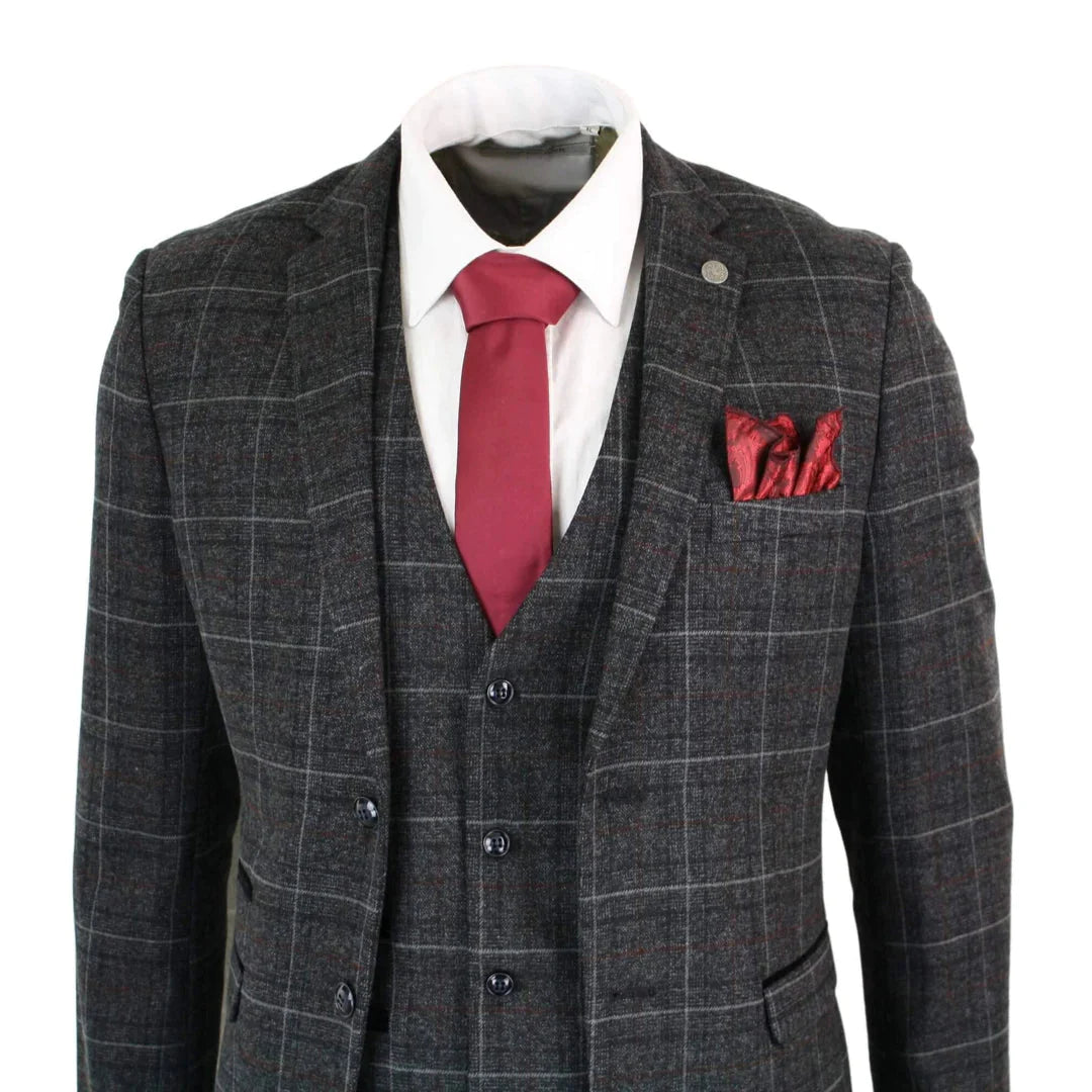 Paul Andrew Harvey - Mens Charcoal Grey Black 3 Piece Tweed Suit Wine Vintage Retro
