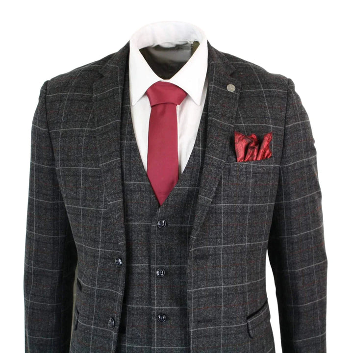 Paul Andrew Harvey - Mens Charcoal Grey Black 3 Piece Tweed Suit Wine Vintage Retro