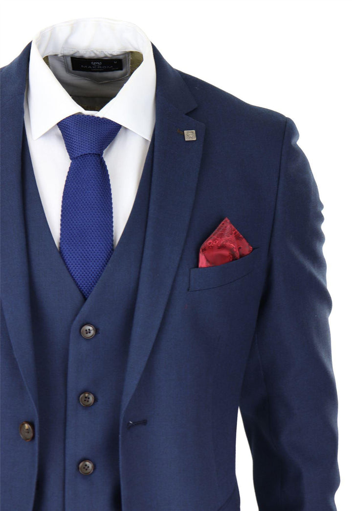 Mens Navy 3 Piece Suit Tailored Fit Smart Formal Classic Wedding Retro Vintage